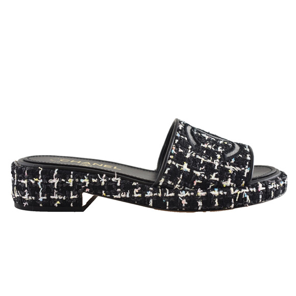 Chanel 20P Black White Tweed Mesh CC Logo Slide Slip Sandal Mule Heel Flat 36.5 - Picture 1 of 14